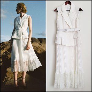 Self-Portrait Sleeveless Belted Tailored Boucle Chiffon Midi Ivory Cream Dress 4